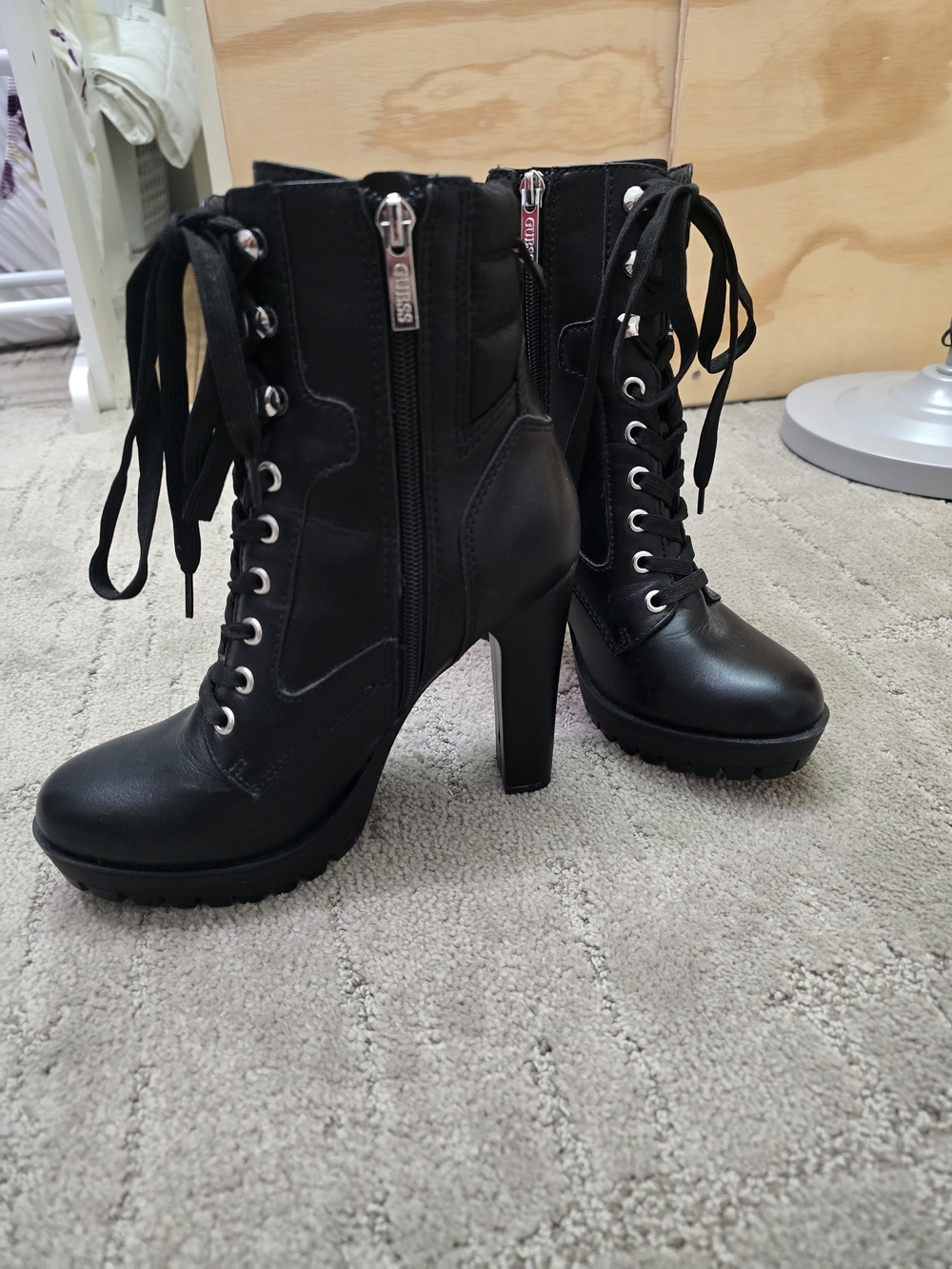 GUESS Black Lace-Up High Heel Ankle Boots - Women's